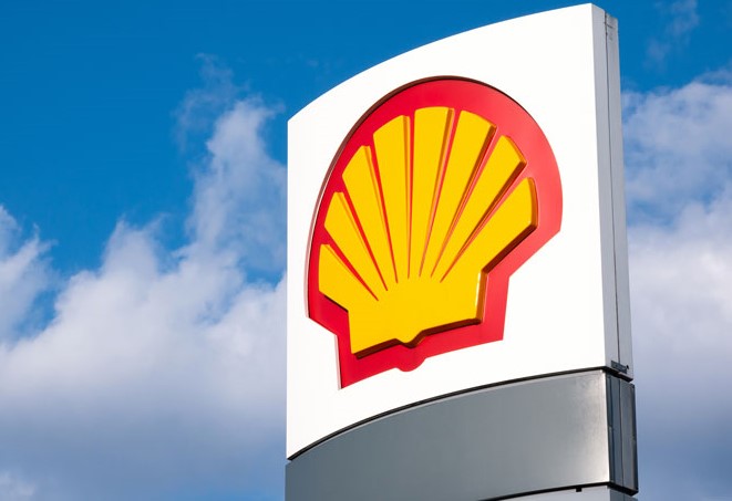 Royal Dutch Shell gas station signage, shell symbol sign closeup, detail, Shell brand logo, oil and gas company, worldwide global gas petrol distributor